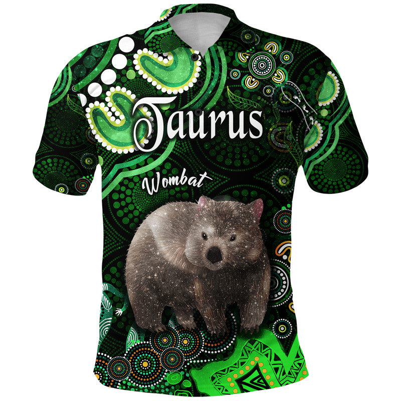 australian-astrology-polo-shirt-taurus-wombat-zodiac-aboriginal-vibes-green