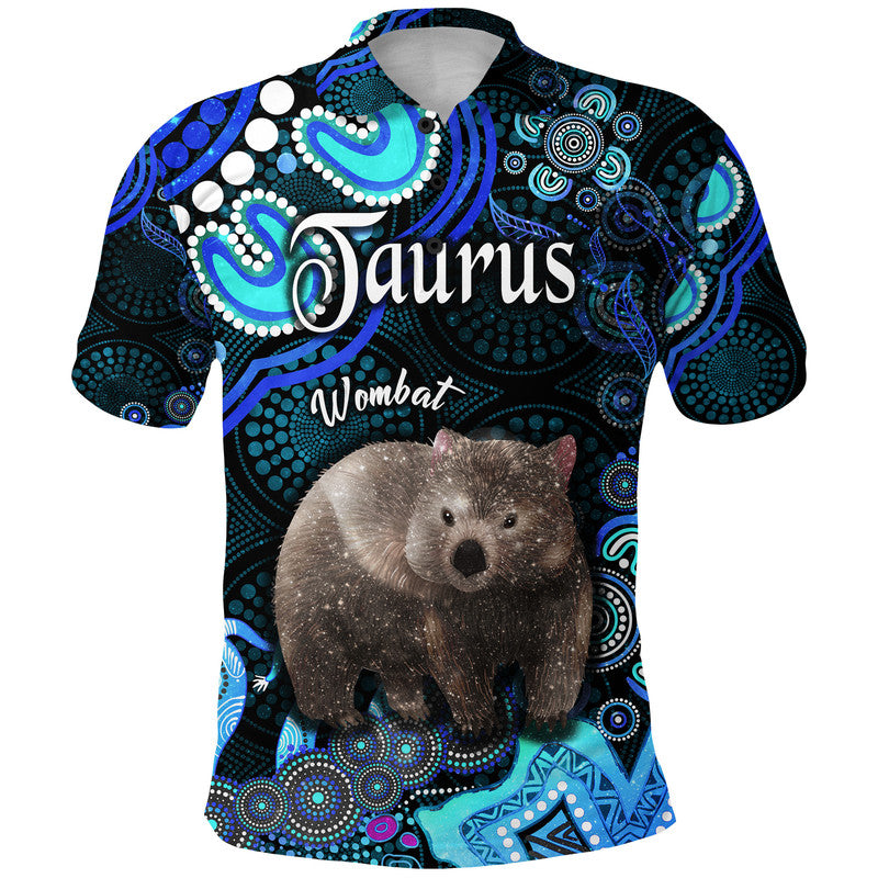 custom-personalised-australian-astrology-polo-shirt-taurus-wombat-zodiac-aboriginal-vibes-blue