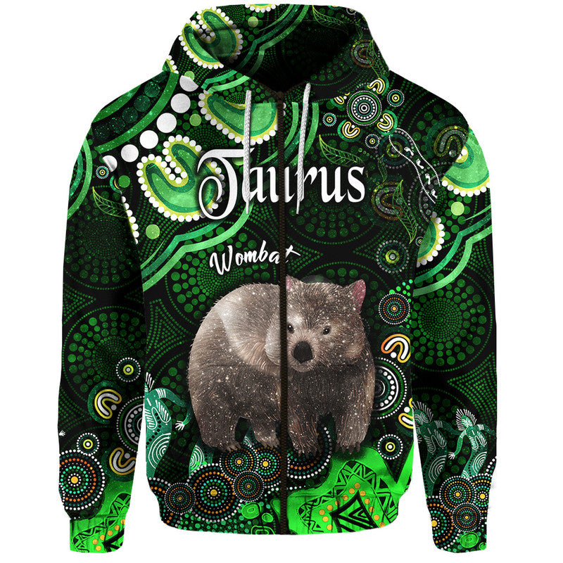 australian-astrology-zip-up-and-pullover-hoodie-taurus-wombat-zodiac-aboriginal-vibes-green