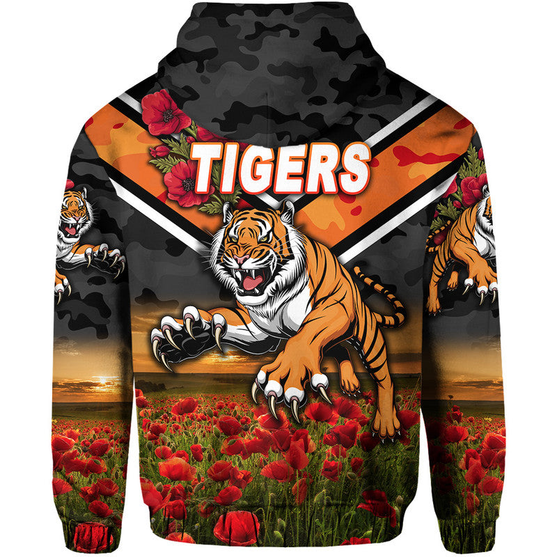 Wests Tigers ANZAC 2022 Zip Up And Pullover Hoodie Poppy Flowers Vibes LT8