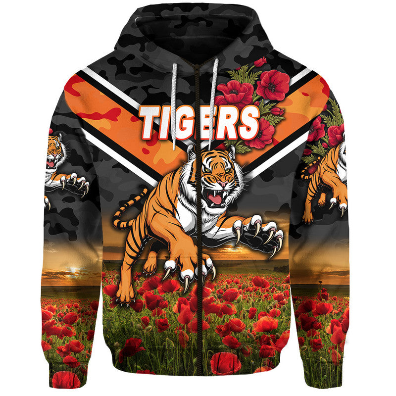 Wests Tigers ANZAC 2022 Zip Up And Pullover Hoodie Poppy Flowers Vibes LT8