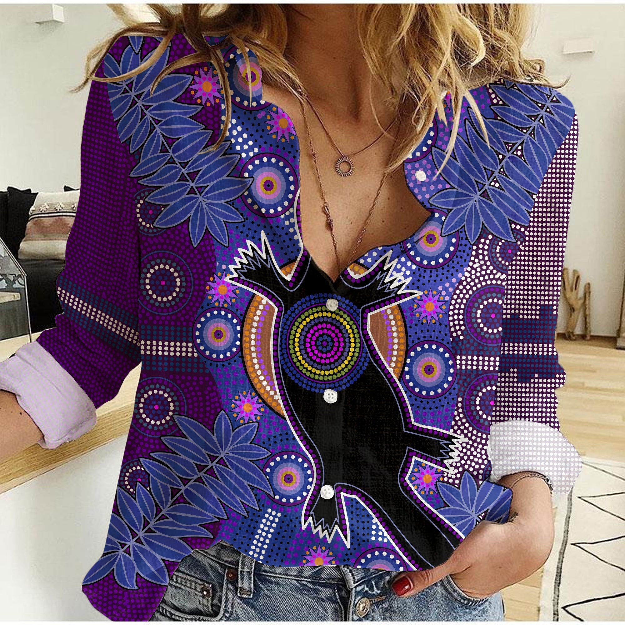 aboriginal-indigenous-platypus-purple-women-casual-shirt