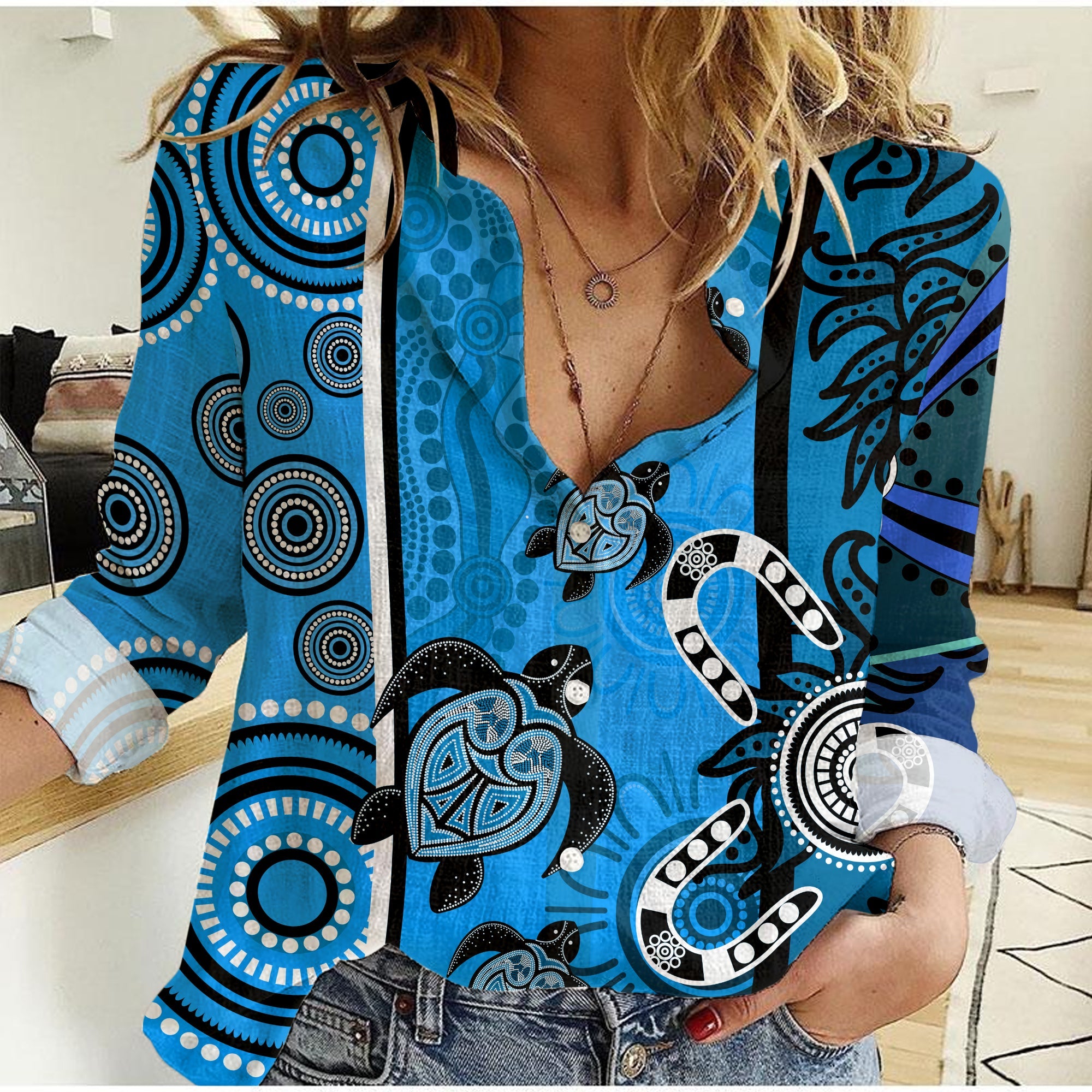 indigenous-turtle-dot-painting-blue-women-casual-shirt