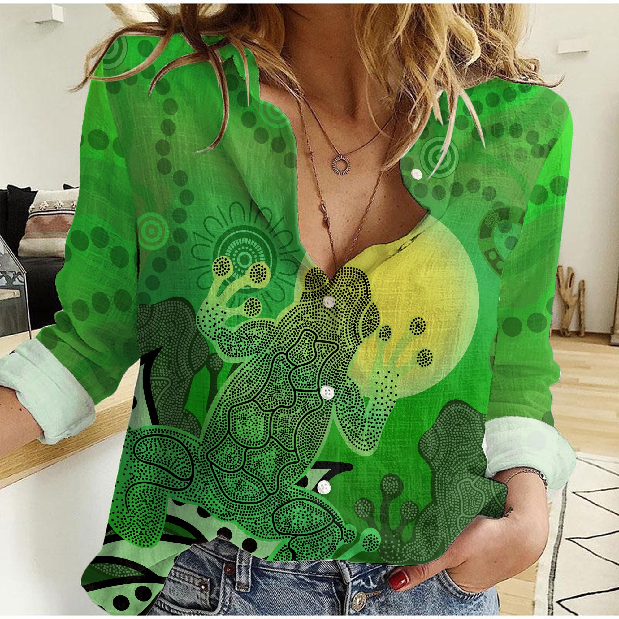 custom-personalised-aboriginal-indigenous-frog-green-women-casual-shirt