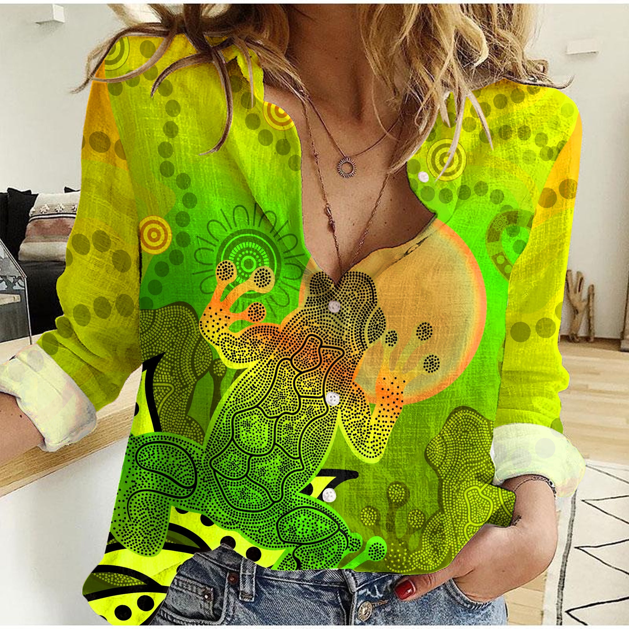 custom-personalised-aboriginal-indigenous-frog-yellow-women-casual-shirt