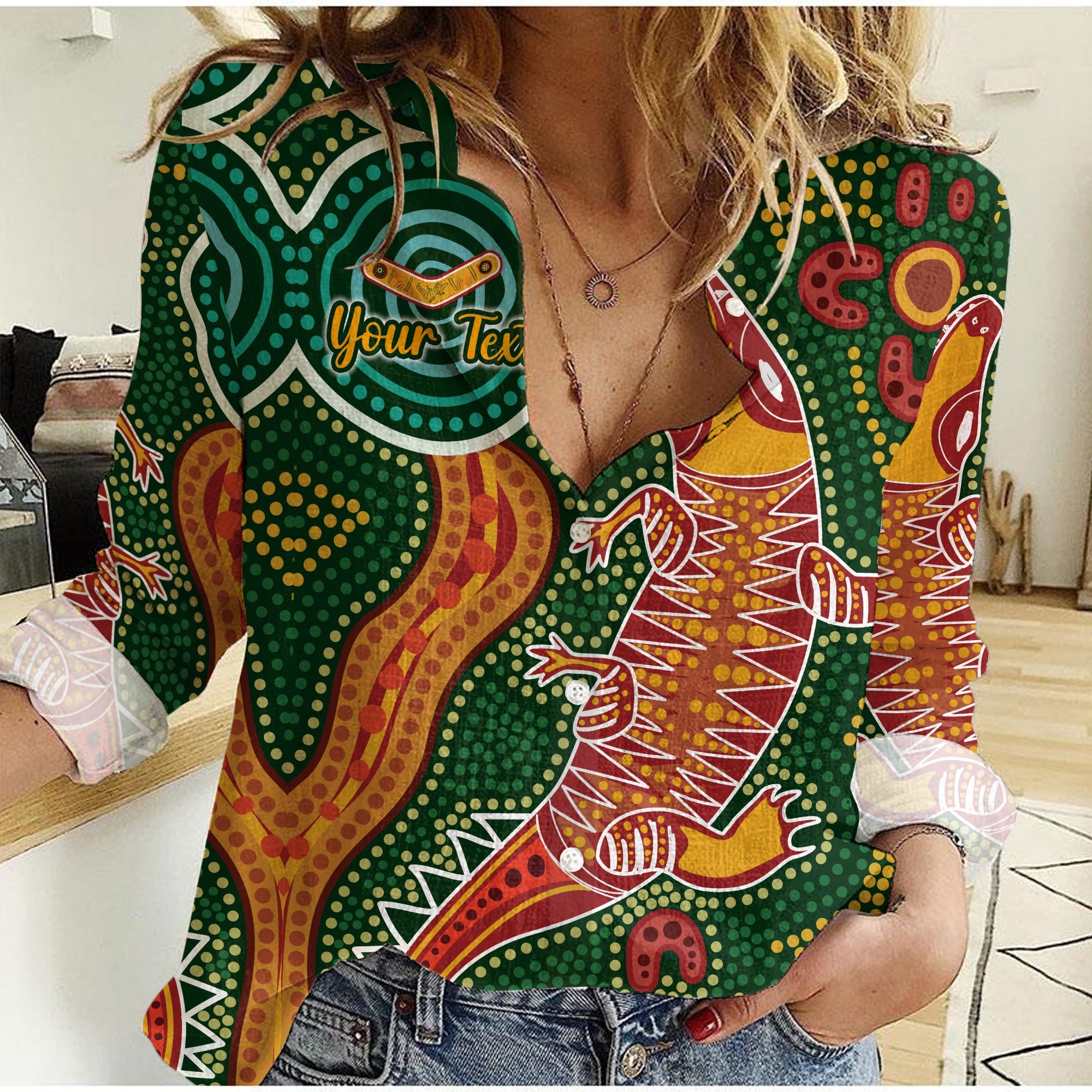 custom-personalised-aboriginal-art-crocodile-women-casual-shirt-you-are-number-one