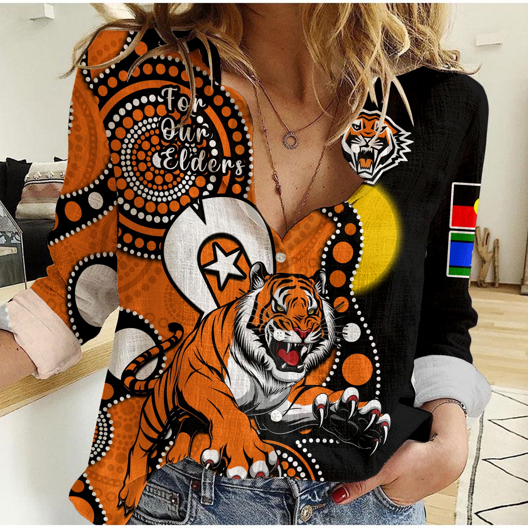 wests-tigers-rugby-naidoc-2023-women-casual-shirt-for-our-elders-indigenous-art