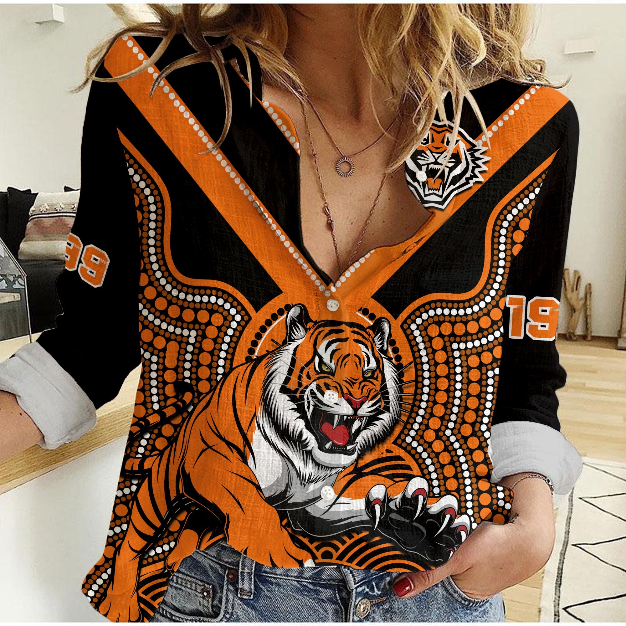 wests-tigers-rugby-women-casual-shirt-indigenous-black-artsy