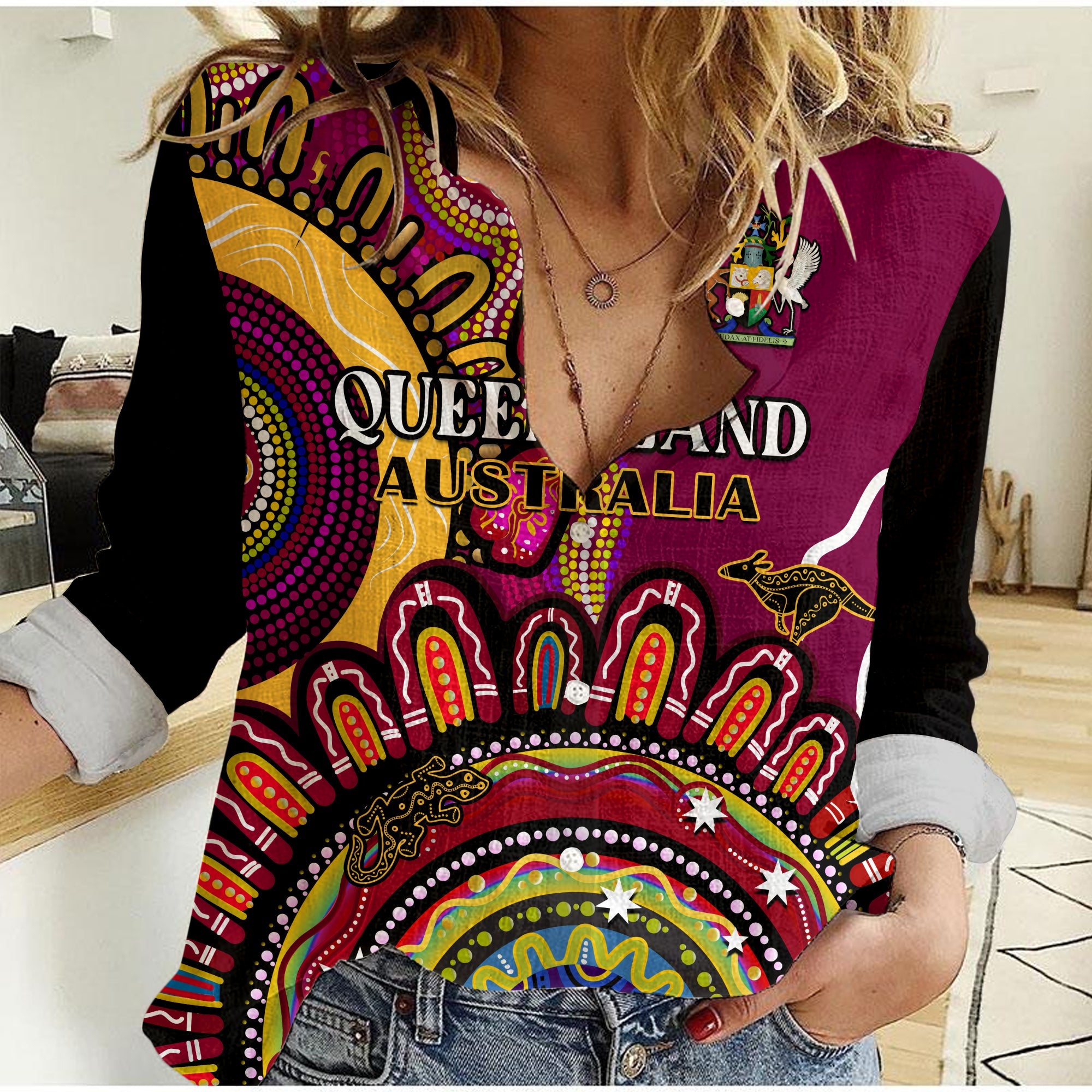 queensland-state-women-casual-shirt-qld-australian-indigenous-art