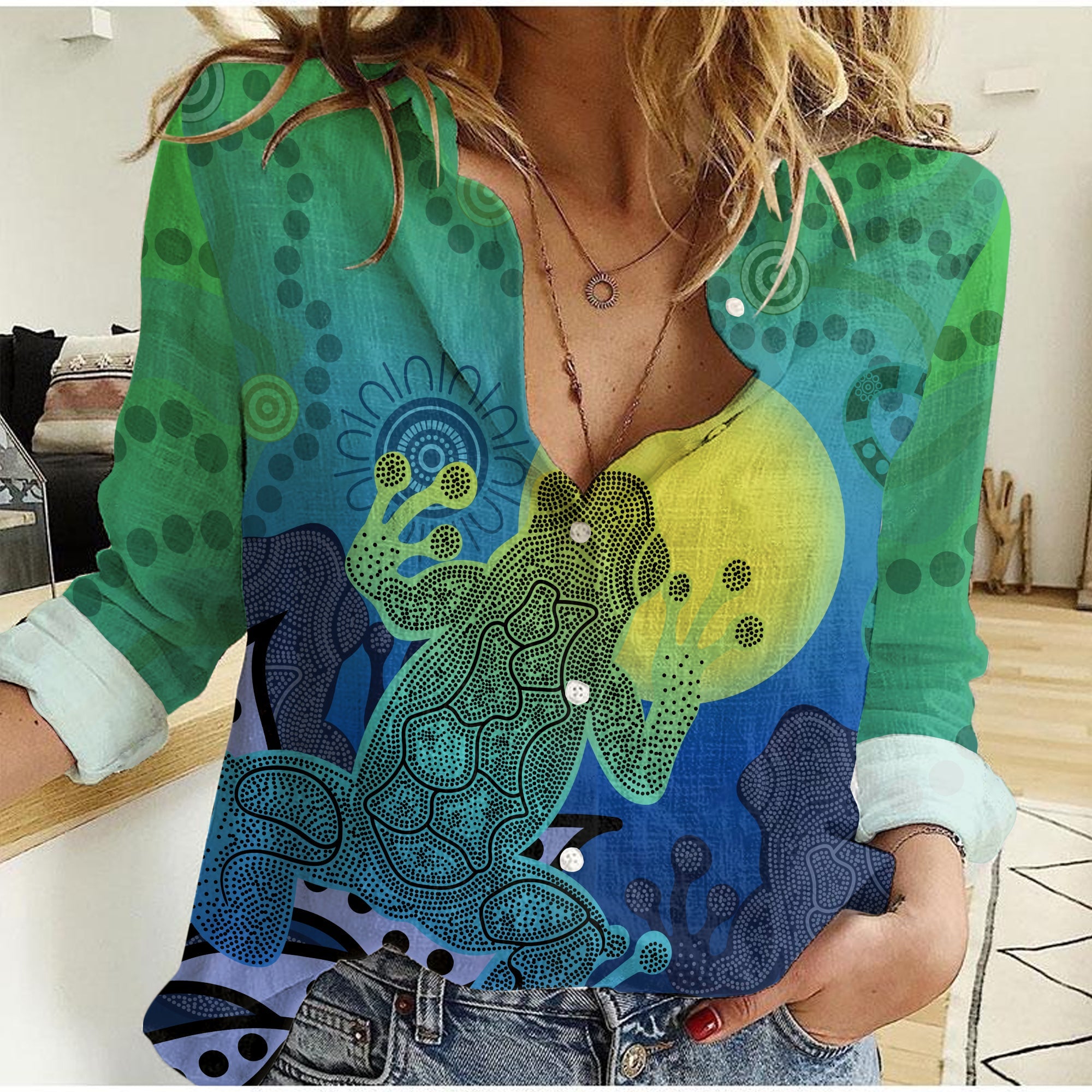 custom-personalised-aboriginal-indigenous-frog-blue-women-casual-shirt