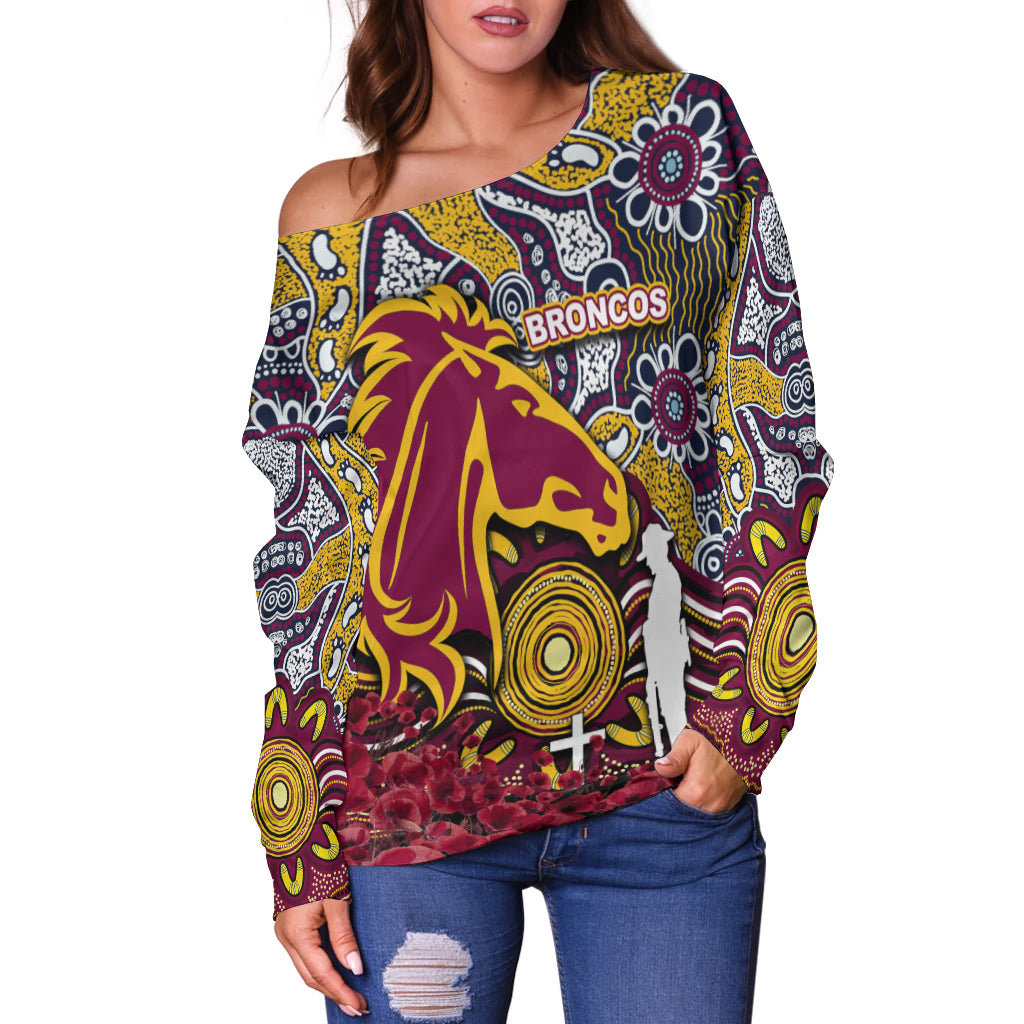 Brisbane Broncos Off Shoulder Sweater Anzac Day Poppy Flowers With Aboriginal