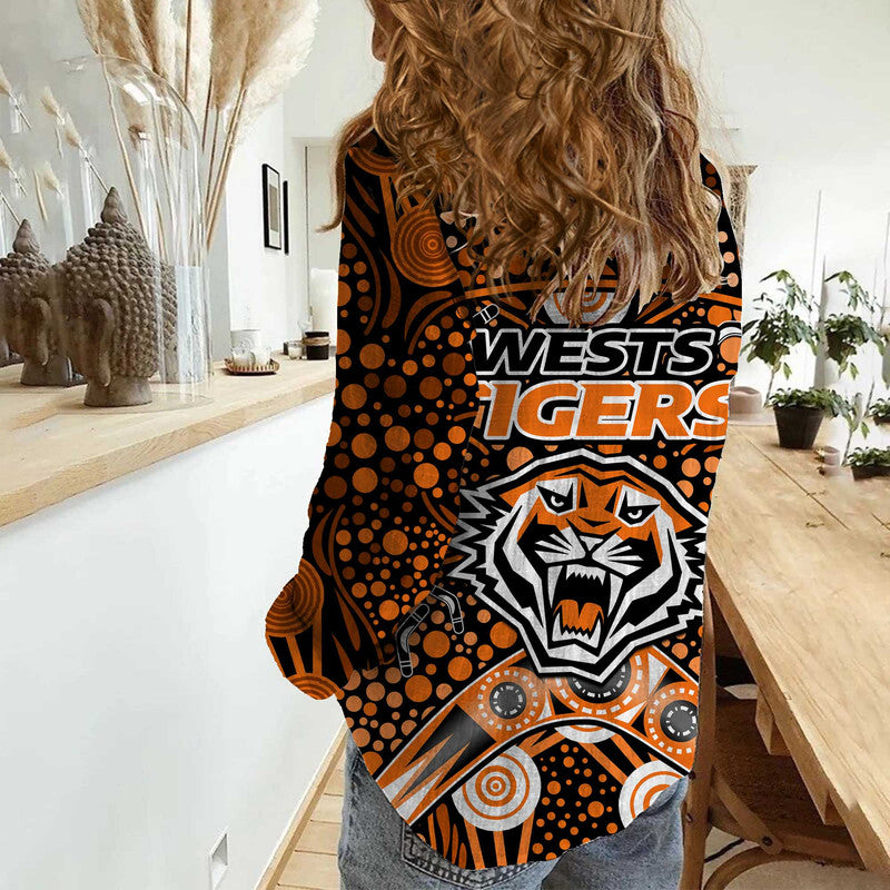 wests-tigers-rugby-women-casual-shirt-boomerang-indigenous-dots