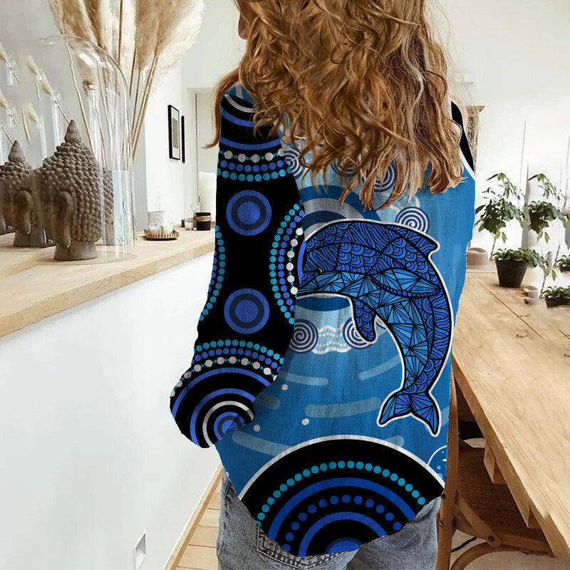 aboriginal-woman-casual-shirt-dolphin-and-aboriginal-woman-casual-shirt-dot-patterns