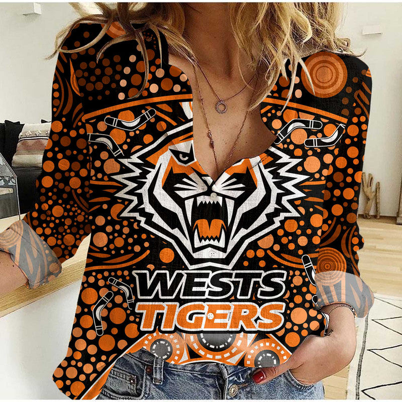 wests-tigers-rugby-women-casual-shirt-boomerang-indigenous-dots