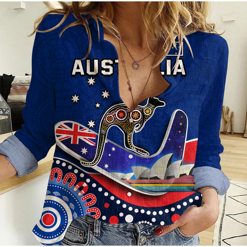 custom-personalised-australia-day-women-casual-shirt-indigenous-kangaroo-and-boomerang