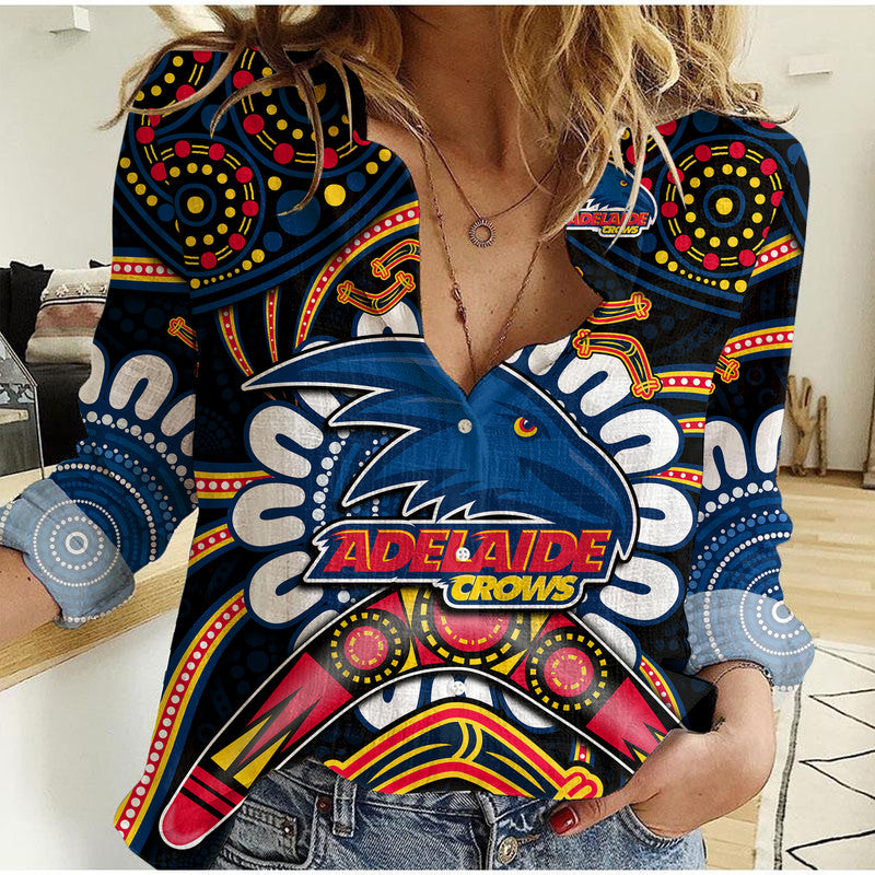 custom-personalised-adelaide-crows-football-women-casual-shirt-boomerang-indigenous-dots