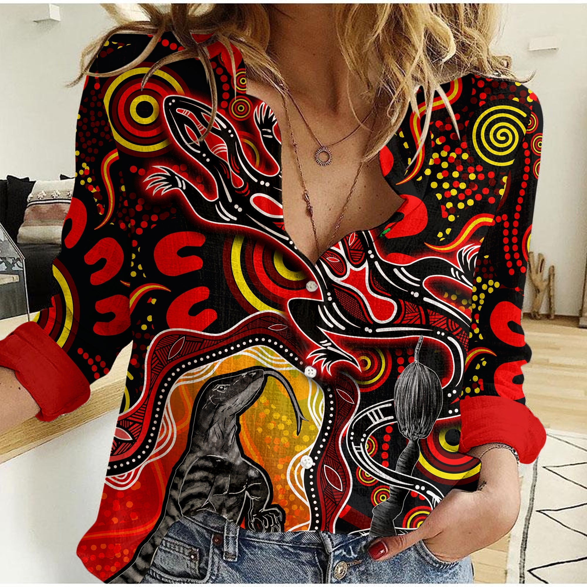 Aboriginal Lizard Casual Shirt Red Color