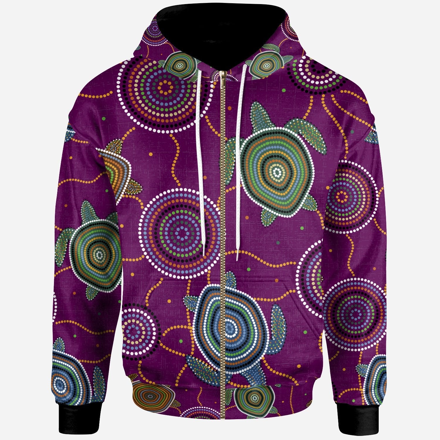 Zip Hoodie - Aboriginal Turtle Purple Australia Dot Patterns