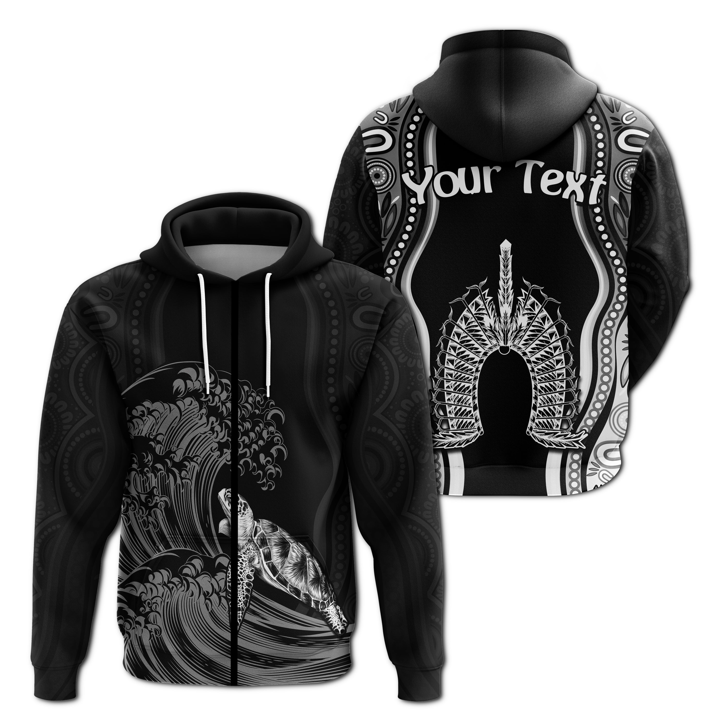 custom-personalised-torres-strait-islands-zip-hoodie-the-dhari-mix-aboriginal-turtle-version-black