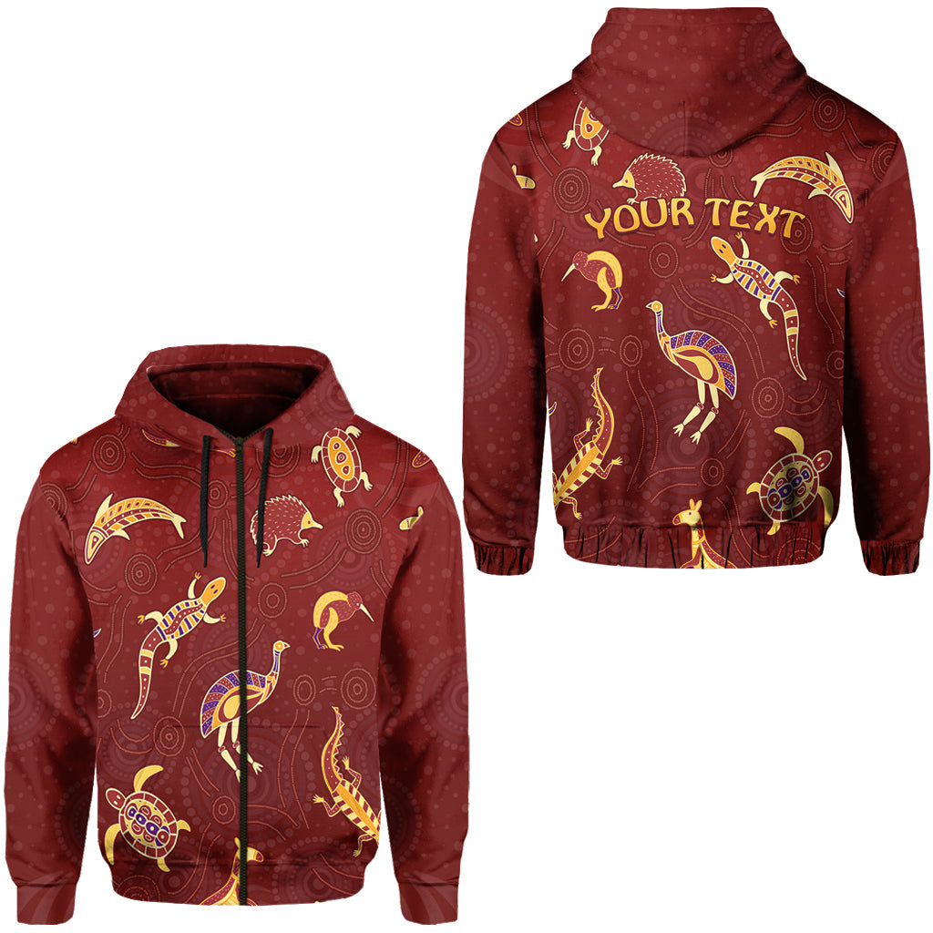 custom-personalised-aboriginal-art-zip-hoodie-animals-australia-version-maroon