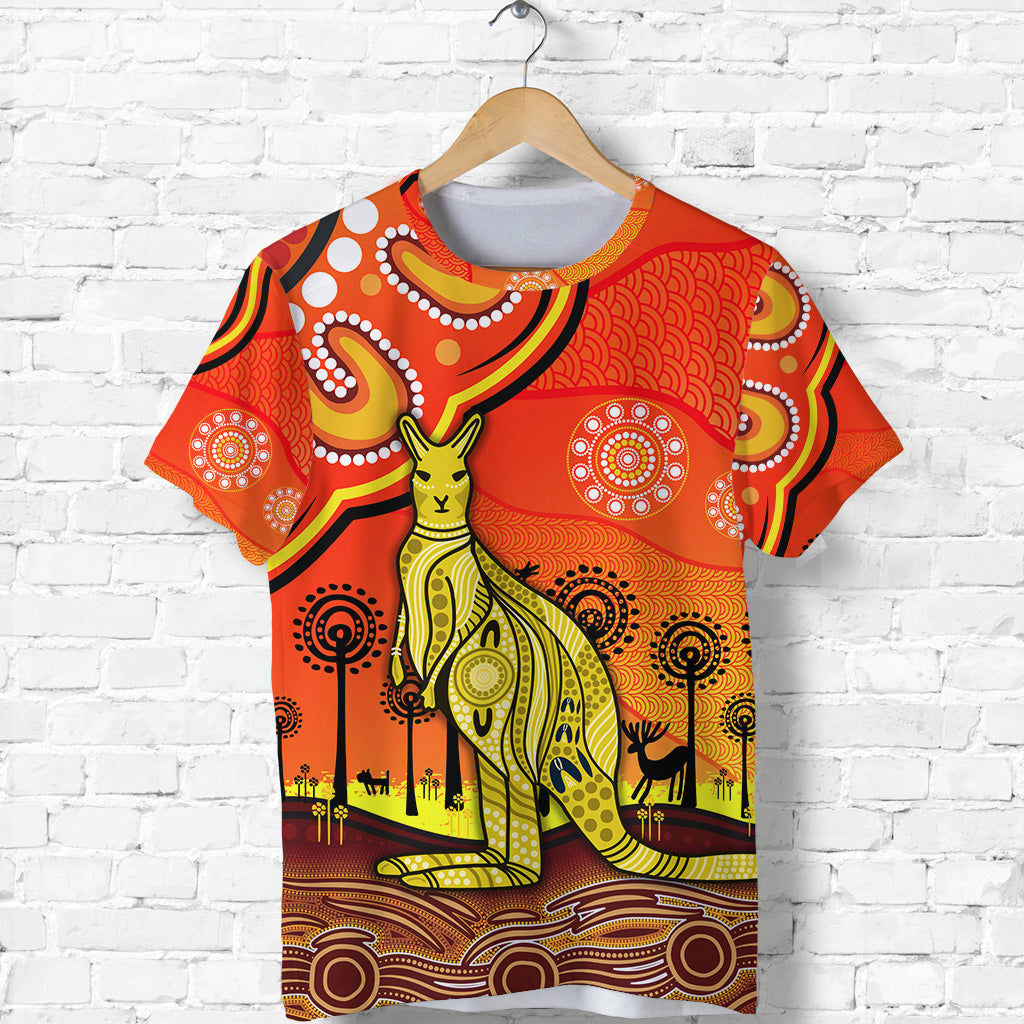 custom-personalised-aboriginal-art-kangaroo-t-shirt-indigenous-unique-vibes-orange