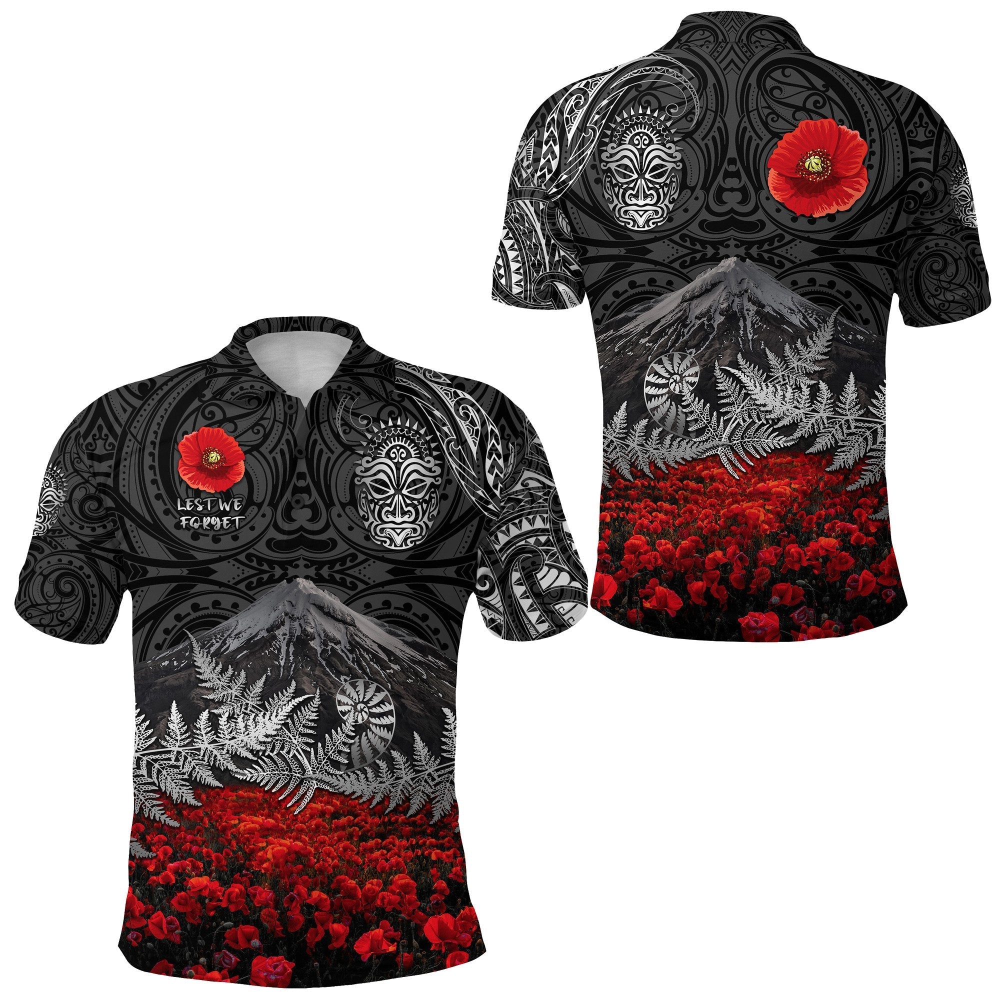 warriors-rugby-polo-shirt-new-zealand-mount-taranaki-with-poppy-flowers-anzac-vibes-black-1