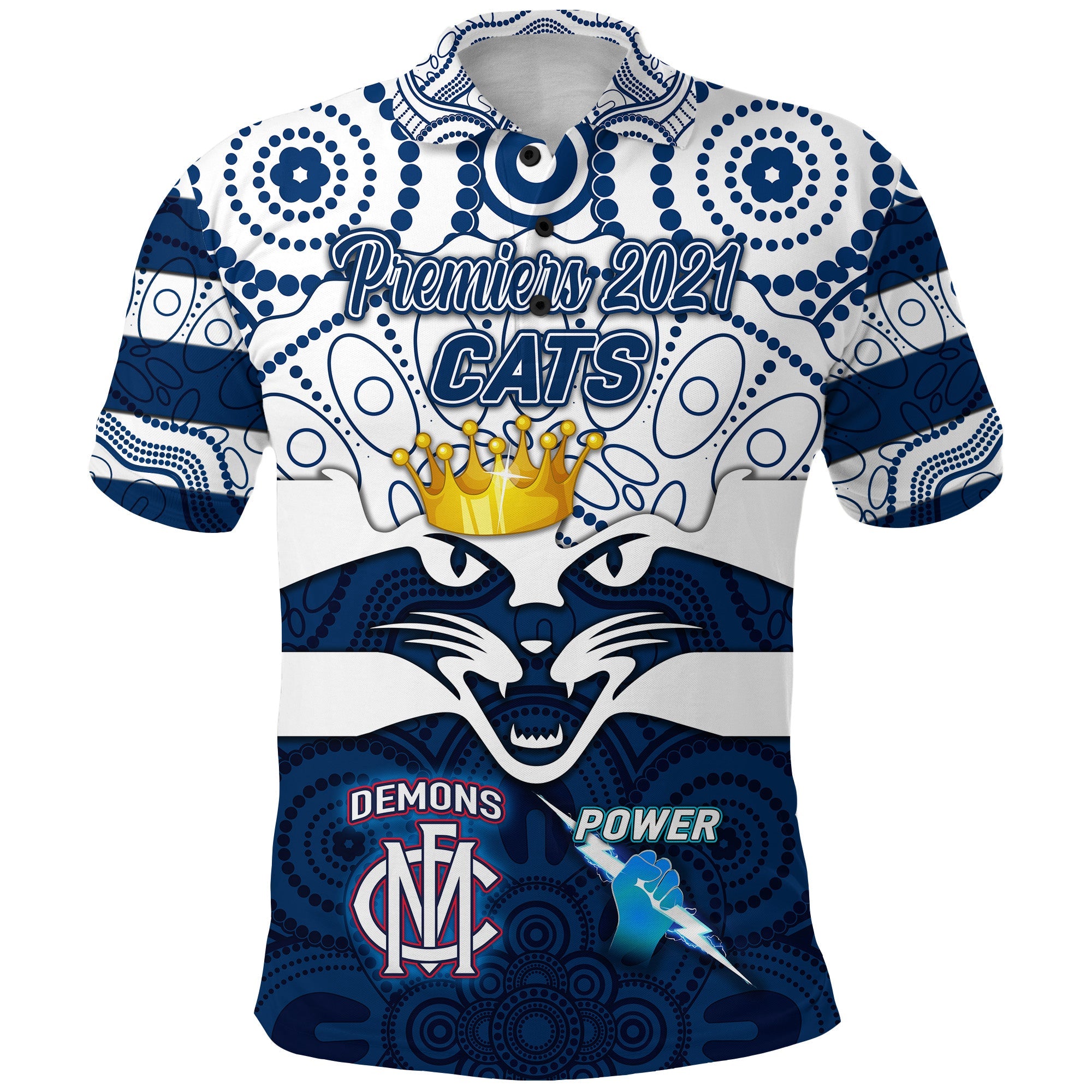 geelong-cats-indigenous-polo-shirt-football-2021-premiers-the-king