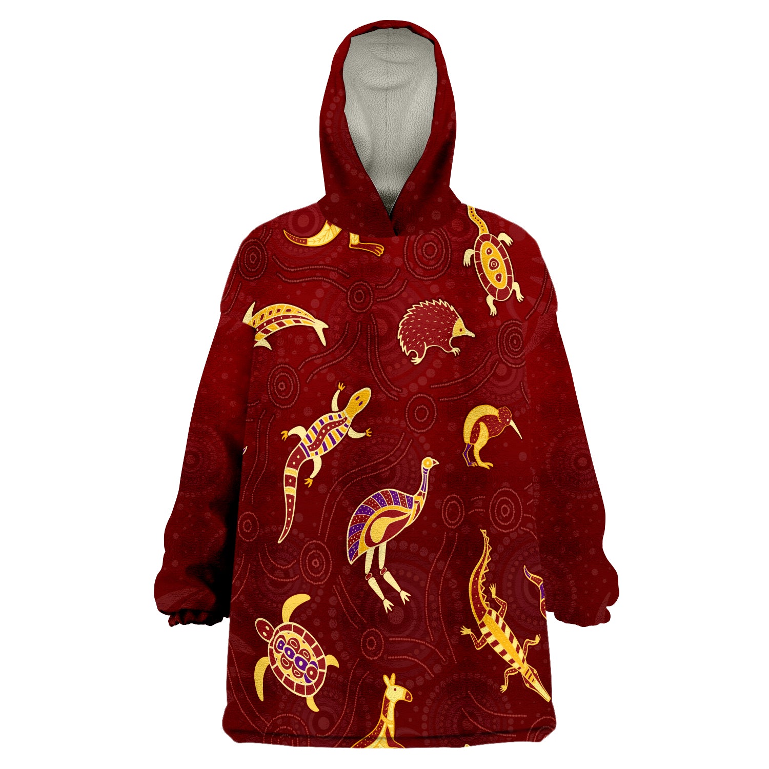 custom-personalised-aboriginal-art-animals-australia-version-maroon-wearable-blanket-hoodie