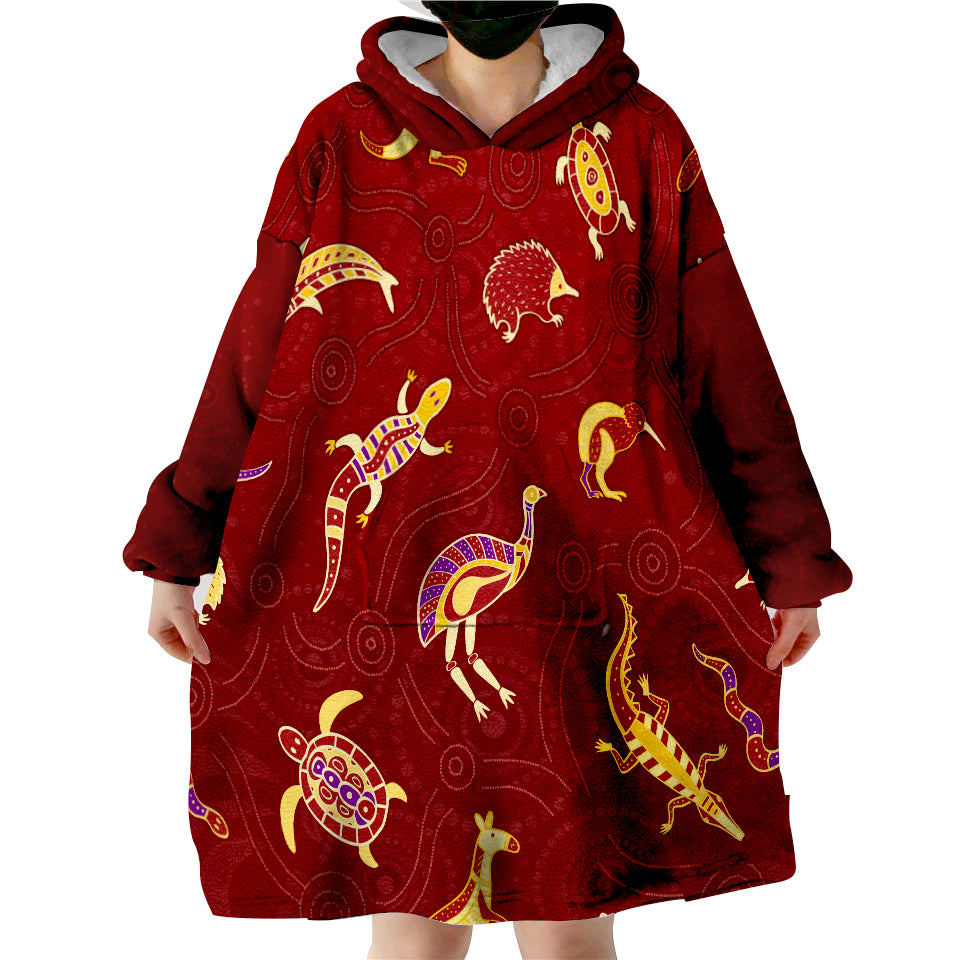 custom-personalised-aboriginal-art-animals-australia-version-maroon-wearable-blanket-hoodie