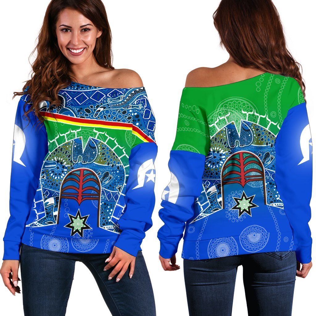 Women's Off Shoulder - Torres Strait Symbol With Aboriginal Patterns - Vibe Hoodie