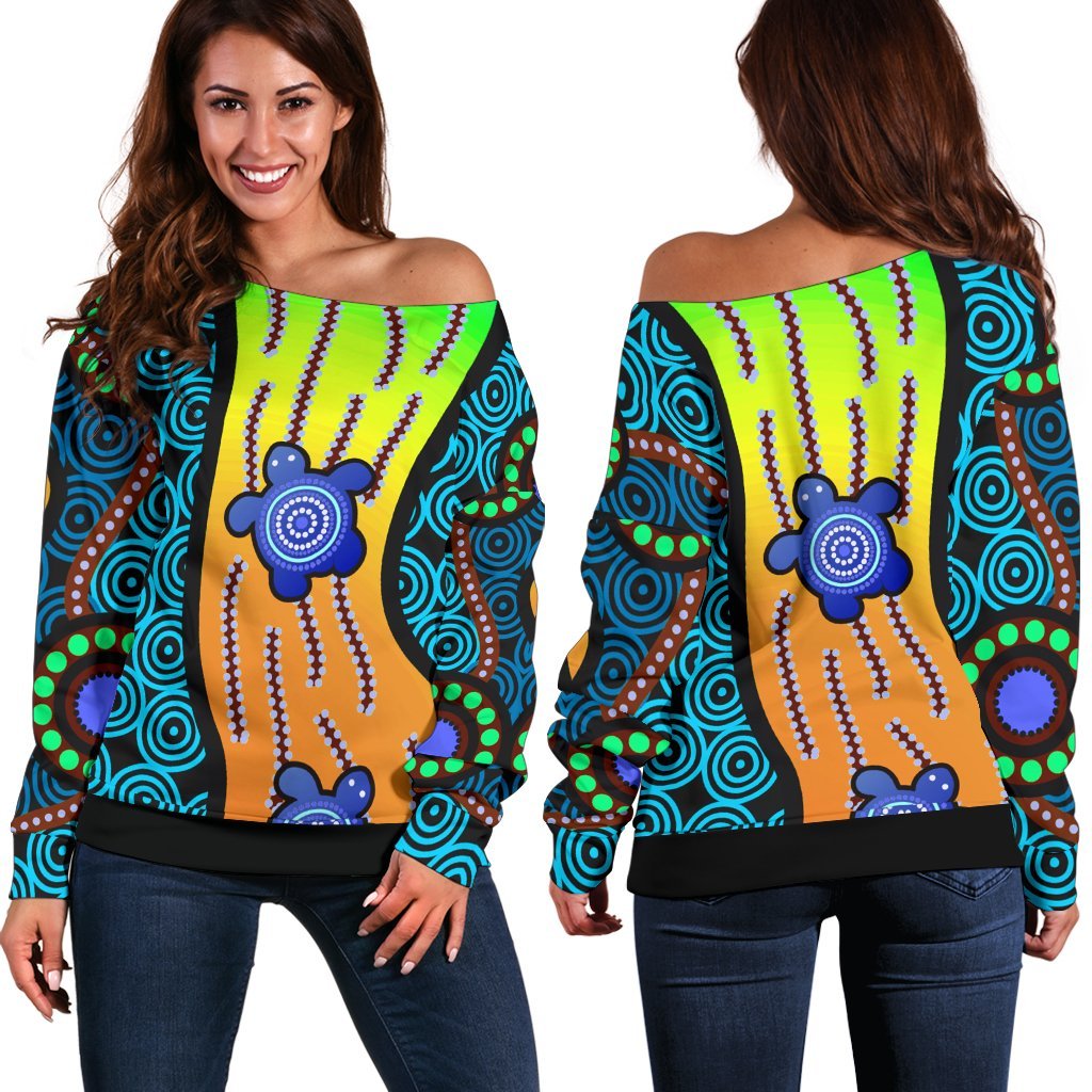 Women's Off Shoulder Sweater - Aboriginal Turtle - Vibe Hoodie