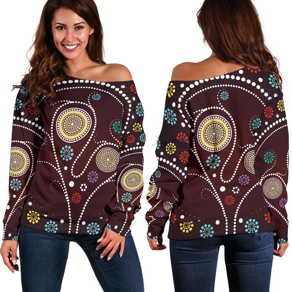 Womens Off Shoulder Sweater - Aboriginal Dot Painting Sweater Tree - Vibe Hoodie