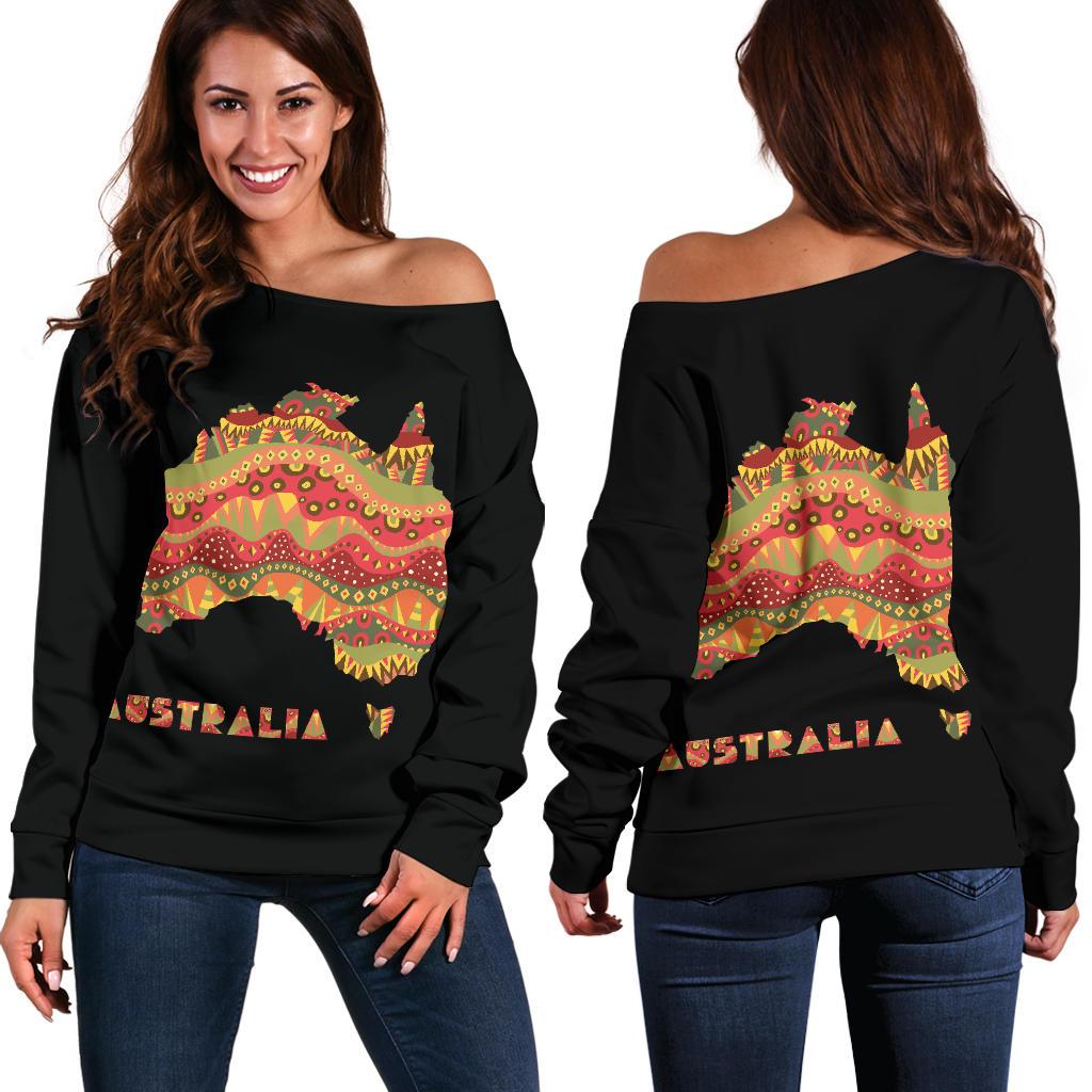 Womens Off Shoulder Sweater - Australia Map Sweater Aboriginal Patterns - Vibe Hoodie