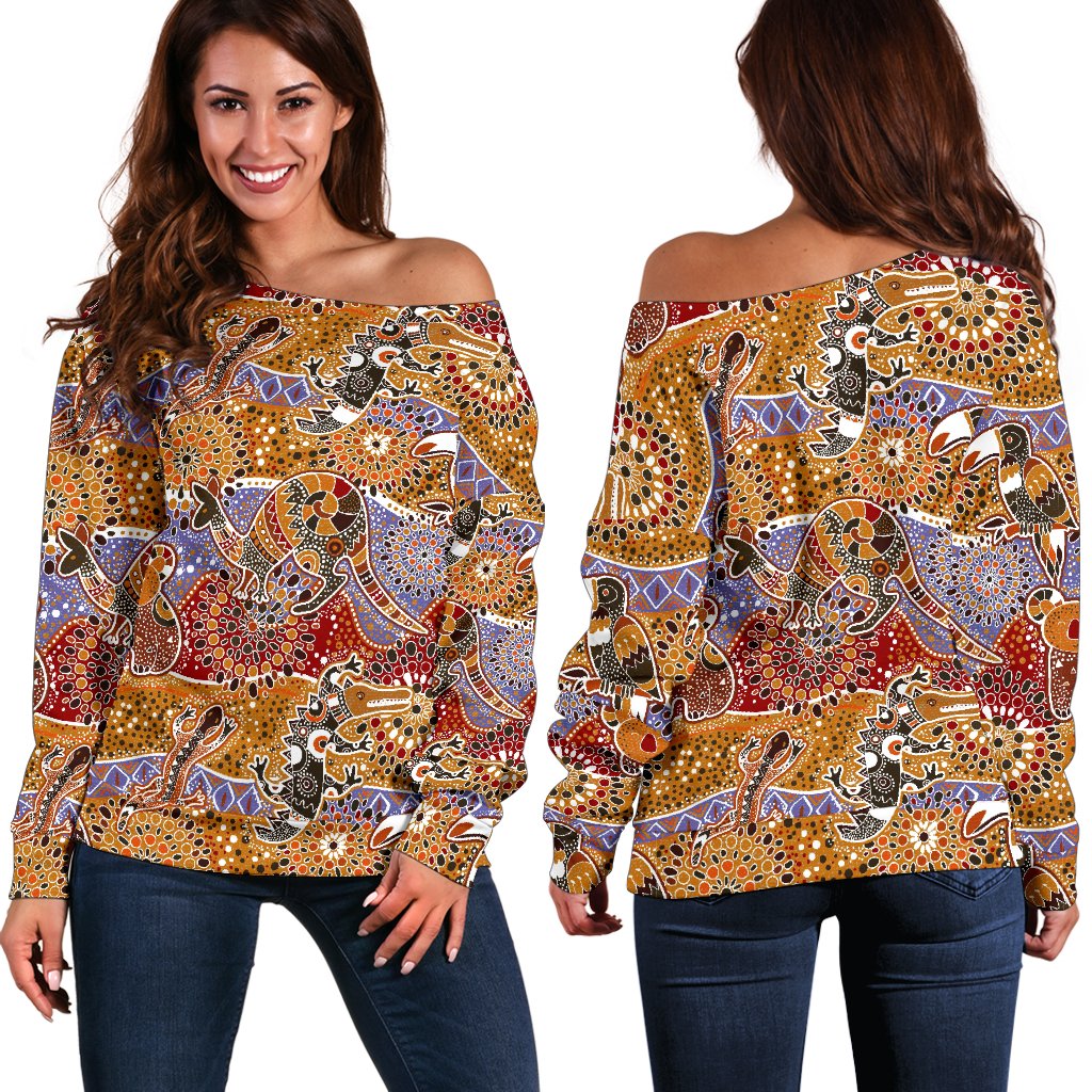 Womens Off Shoulder Sweater - Aboriginal Patterns Sweater Australian Animals - Vibe Hoodie