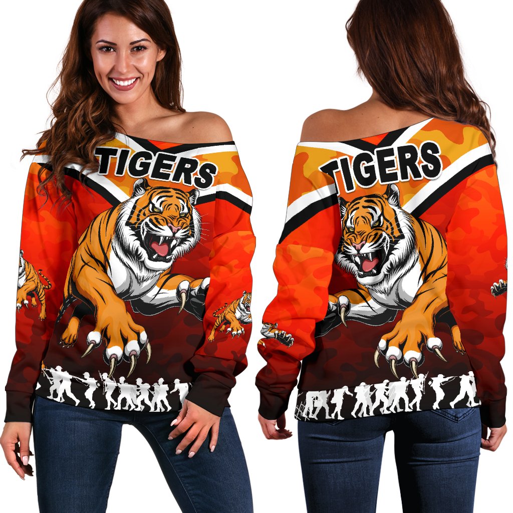 Wests Women's Off Shoulder Sweater Tigers Anzac Vibes - Vibe Hoodie