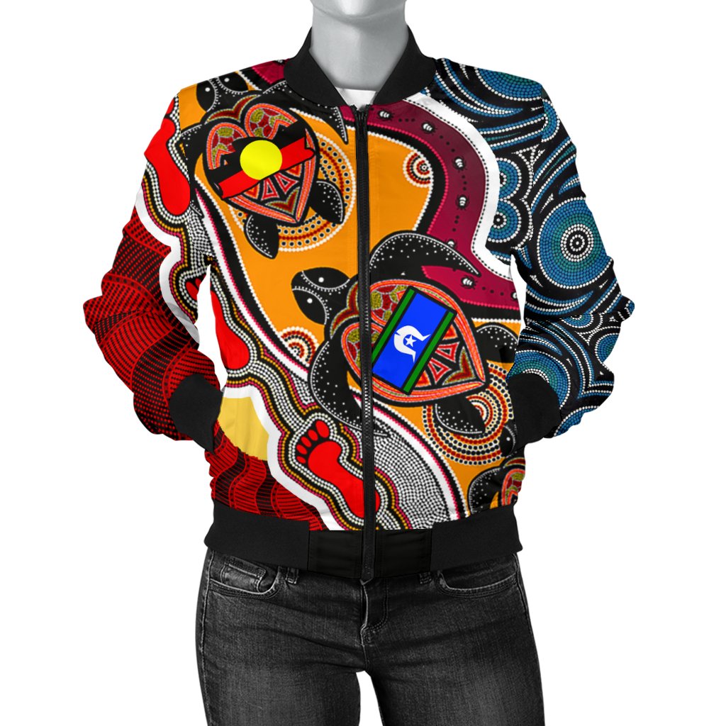 womens-bomber-jacket-australia-aboriginal-dots-with-turtle-and-naidoc-flags