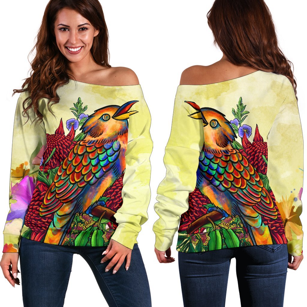 Women's Off Shoulder Sweater - Australia Kookaburra With Waratah - Vibe Hoodie