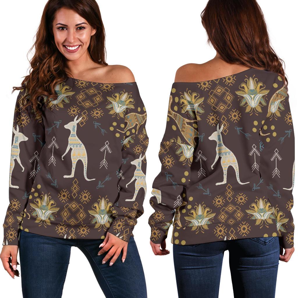 Womens Off Shoulder Sweater - Kangaroo Sweater Aboriginal Patterns Bohemian - Vibe Hoodie