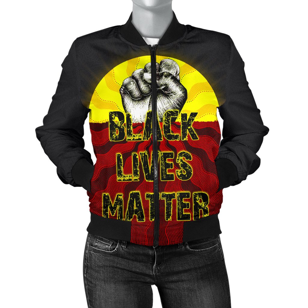 womens-bomber-jacket-aboriginal-black-lives-matter-sun-dot-painting