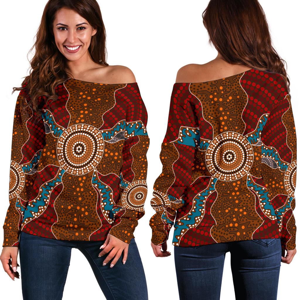 Womens Off Shoulder Sweater - Aboriginal Dot Painting Sweater Ver06 - Vibe Hoodie