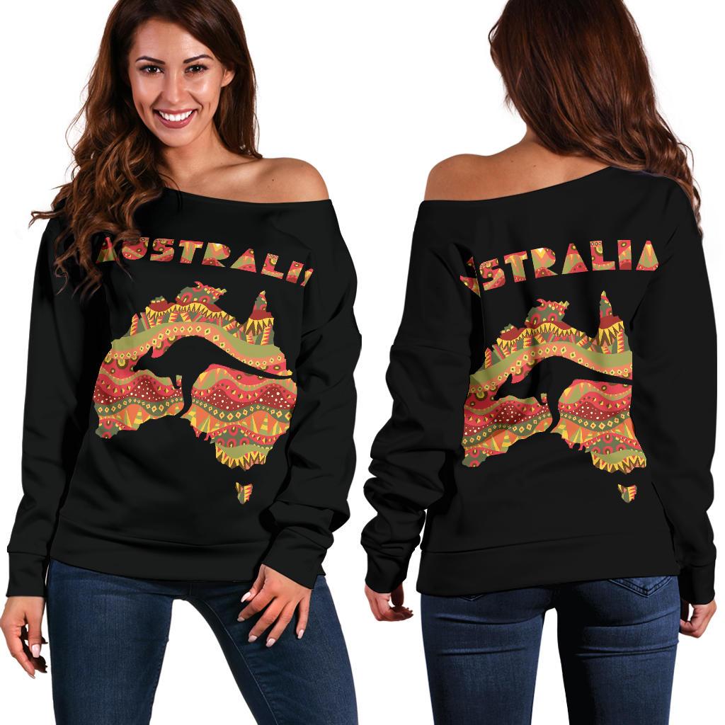 Womens Off Shoulder Sweater - Australia Map Sweater Kangaroo Aboriginal Patterns - Vibe Hoodie