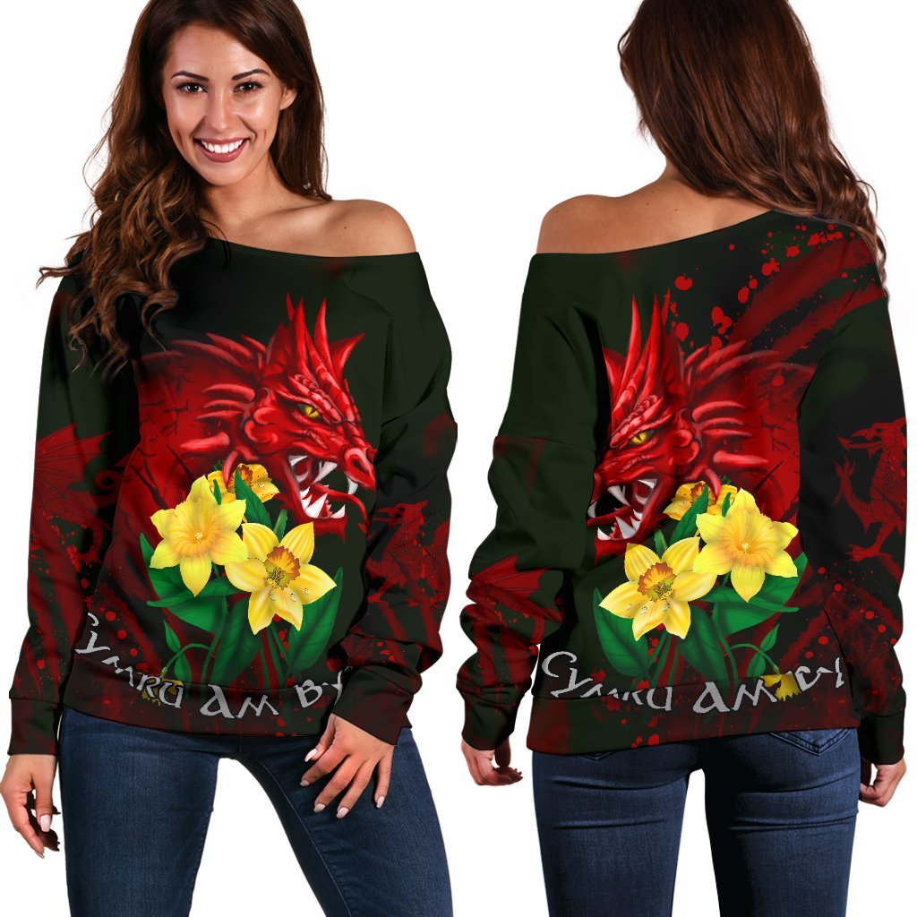 Wales Women's Off Shoulder Sweater, Cymru Am Byth Welsh Dragon Daffodil - Vibe Hoodie