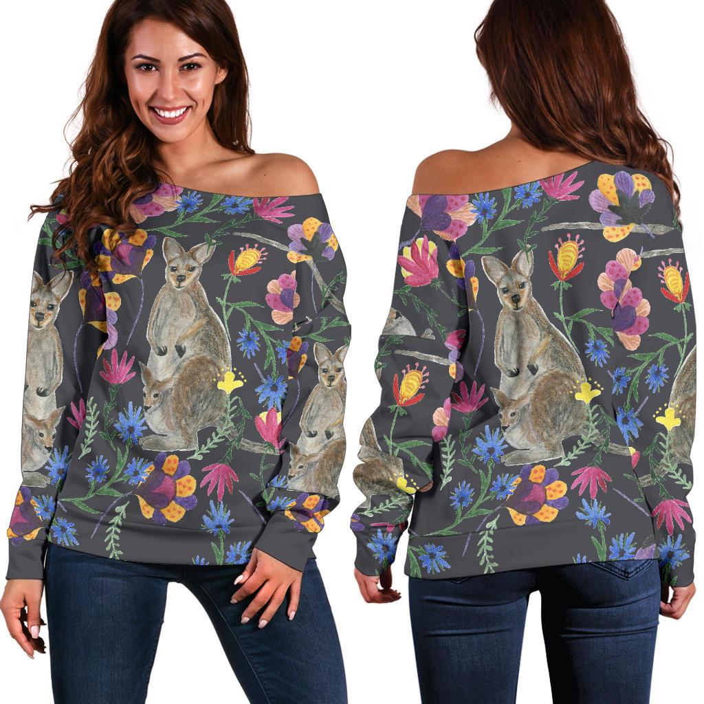 Womens Off Shoulder Sweater - Kangaroo Sweater Flowers Painting - Vibe Hoodie