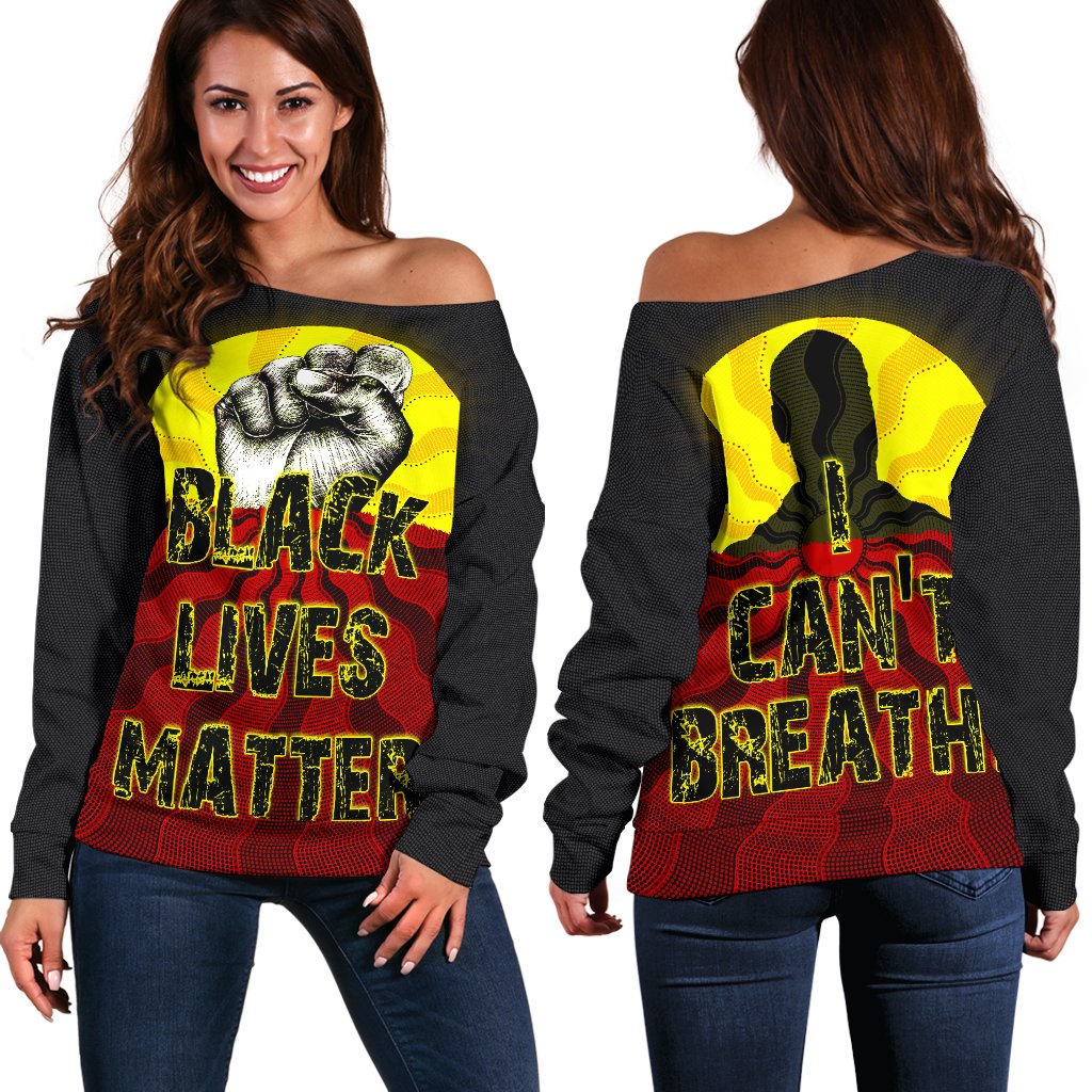 Women's Off Shoulder Sweater, Aboriginal Black Lives Matter Sun Dot Painting - Vibe Hoodie