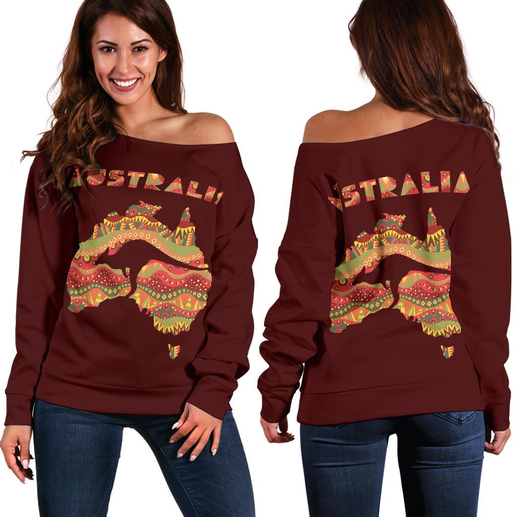 Womens Off Shoulder Sweater - Australia Map Sweater Kangaroo Aboriginal Patterns - Vibe Hoodie