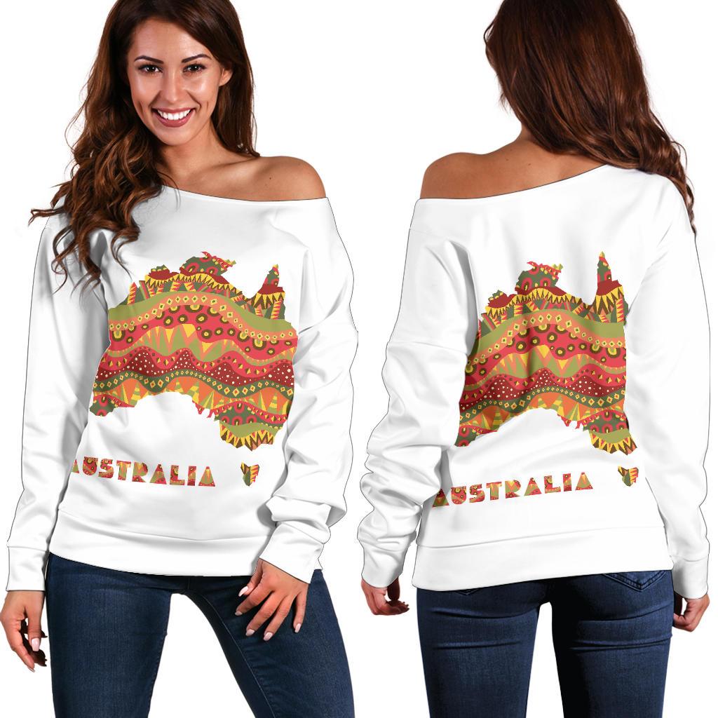 Womens Off Shoulder Sweater - Australia Map Sweater Kangaroo Aboriginal Patterns - Vibe Hoodie