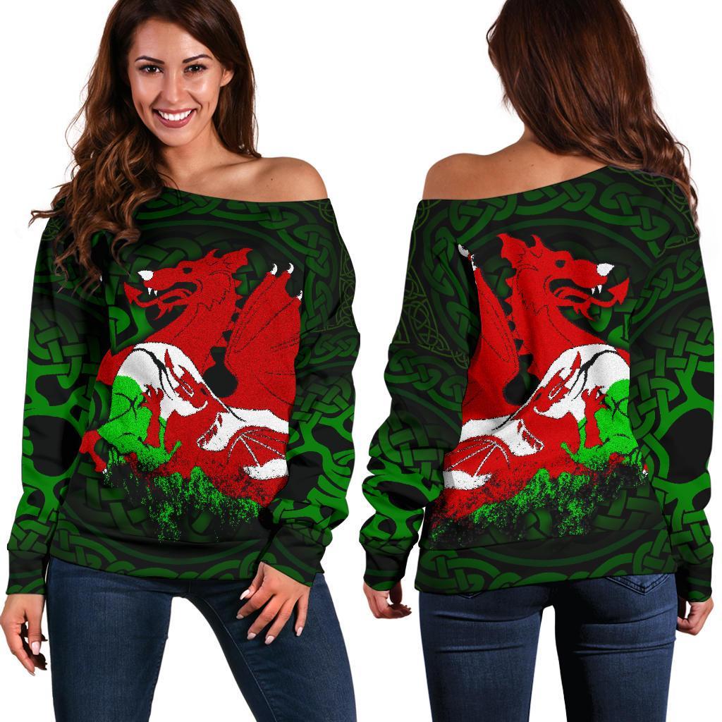 Wales Women's Off Shoulder Sweater - Cymru Dragon - Vibe Hoodie