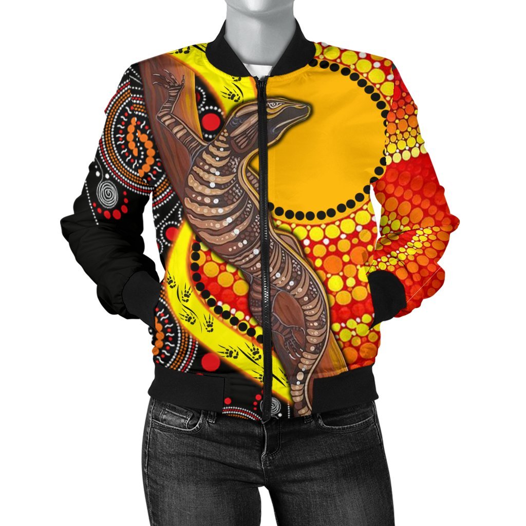 womens-bomber-jacket-australian-aboriginal-dot-painting-sun-and-lizard