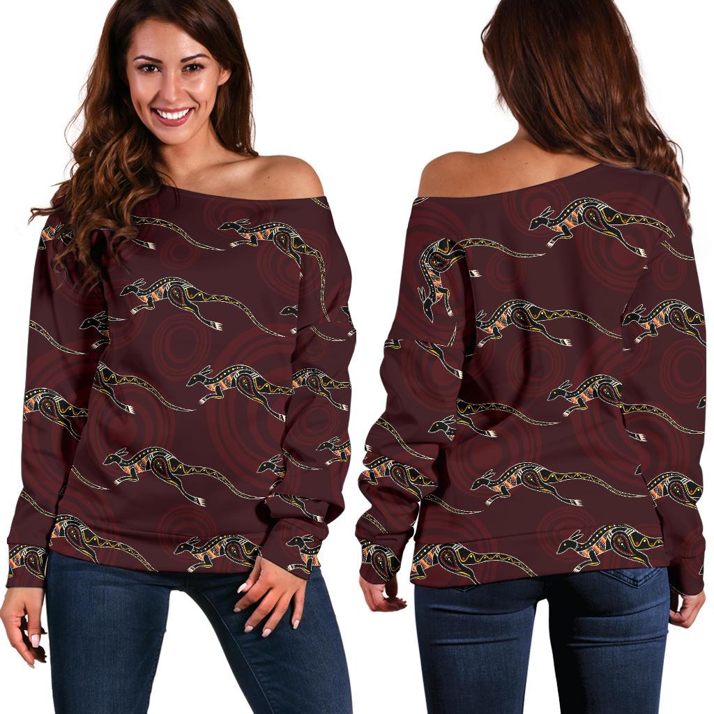 Womens Off Shoulder Sweater - Kangaroo Sweater Aboriginal Patterns - Vibe Hoodie