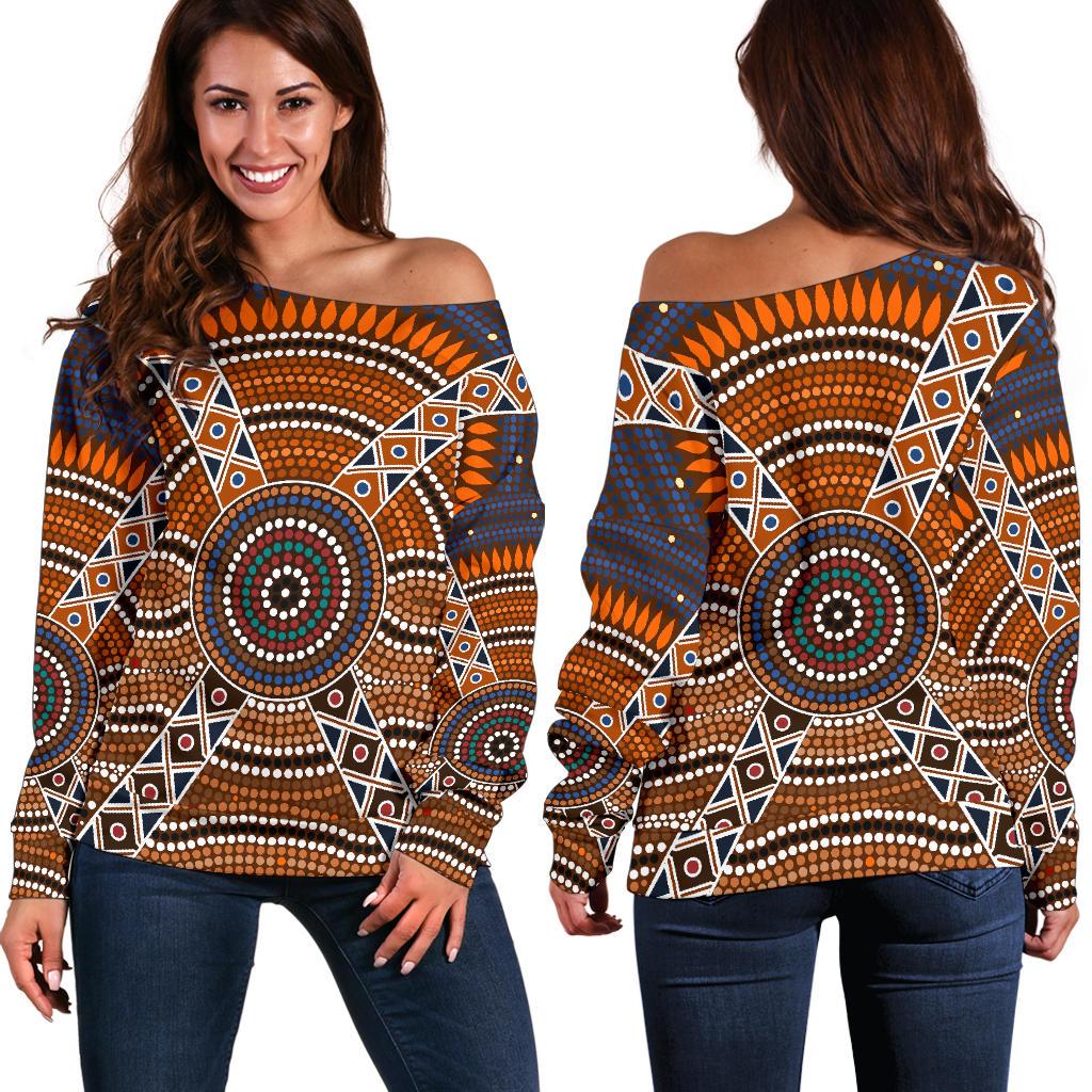 Womens Off Shoulder Sweater - Aboriginal Dot Painting Sweater Ver01 - Vibe Hoodie